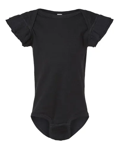 Rabbit Skins 4439 Infant Flutter Sleeve Baby Rib Bodysuit in Black — blank garment, front view