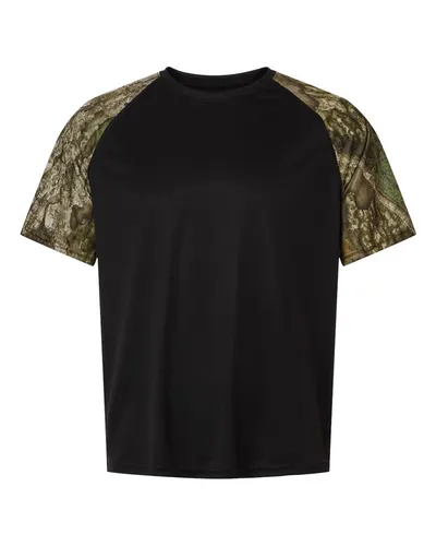 RealTree RT2103 Unisex Realtree® Performance Colorblock T-Shirt in Camo/ Black — blank t-shirt, front view