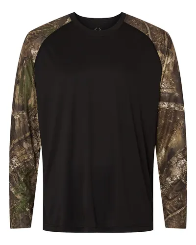 RealTree RT3104 Unisex Realtree® Performance Colorblocked Long Sleeve T-Shirt in Camo/ Black — blank long sleeve tee, front view