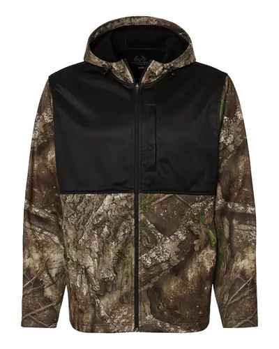 RealTree RT5204 Unisex Realtree® Performance Colorblocked Full-Zip Hooded Sweatshirt in Camo/ Black — blank hooded sweatshirt, front view
