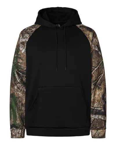 RealTree RT5305 Unisex Realtree® Performance Colorblocked Hooded Sweatshirt in Camo/ Black — blank hooded sweatshirt, front view