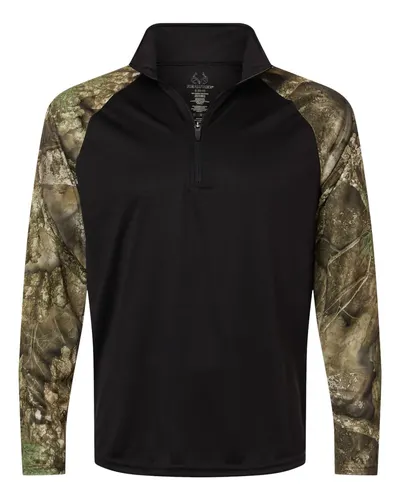 RealTree RT5703 Unisex Realtree® Performance Colorblocked Quarter-Zip Pullover in Camo/ Black — blank garment, front view