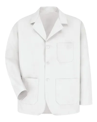 Red Kap KP10T Unisex Tall Lapel Counter Coat in White — blank jacket, front view