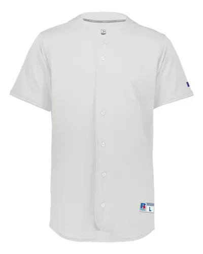 Russell Athletic 235JMM Unisex Five Tool Full-Button Front Baseball Jersey in White — blank t-shirt, front view