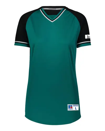 Russell Athletic R01X3X Women's Classic V-Neck Jersey in Aqua/ Black/ White — blank t-shirt, front view