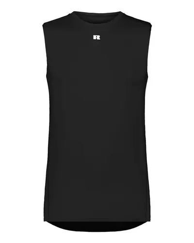 Russell Athletic R22CPM Unisex CoolCore® Compression Tank Top in Black — blank tank top, front view