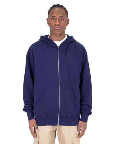 Shaka Wear SHGDZ Unisex Max Heavy Garment-Dyed Double-Zip Hooded Sweatshirt in Navy — blank hooded sweatshirt, front view