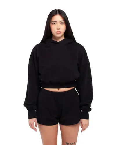 Shaka Wear SHGWC Women's Garment-Dyed Crop Hooded Sweatshirt in Black — blank hooded sweatshirt, front view