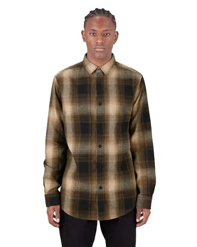 Shaka Wear SHHFS Unisex Plaid Flannel Overshirt in Brown/ Black — blank garment, front view
