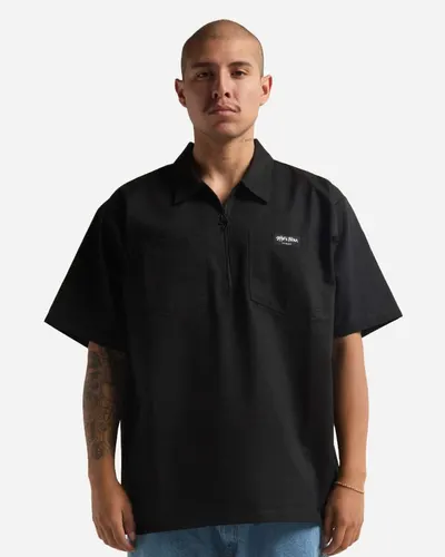 Shaka Wear SHQZWS Unisex Work Heavyweight Quarter-Zip Short Sleeve Shirt in Black — blank garment, front view