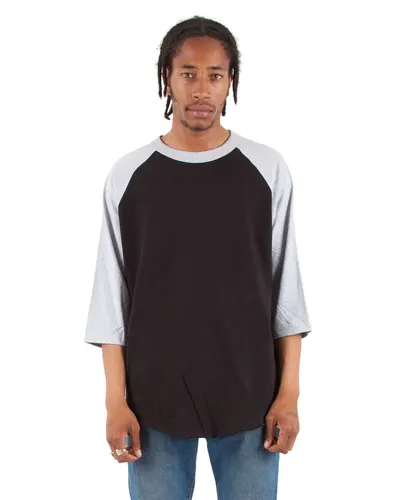 Shaka Wear SHRAG Unisex Raglan Three-Quarter Sleeve T-Shirt in Black/ Heather Grey — blank t-shirt, front view