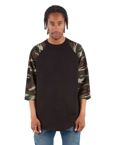 Shaka Wear SHRAGCM Unisex Three-Quarter Sleeve Camo Raglan T-Shirt in Black/ Camo Green — blank t-shirt, front view