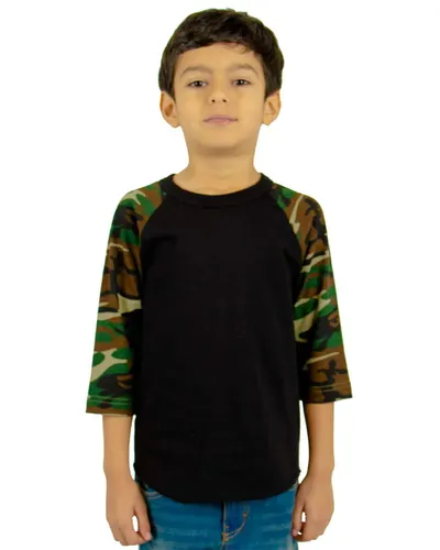 Shaka Wear SHRAGCY Youth Three-Quarter Sleeve Camo Raglan T-Shirt in Black/ Camo Green — blank t-shirt, front view