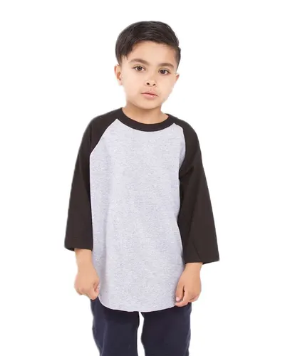 Shaka Wear SHRAGY Youth Three-Quarter Sleeve Raglan in Heather Grey/ Black — blank garment, front view