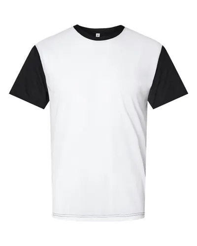 SubliVie 1902 Men's Blackout Polyester Sublimation Tee in White/ Black — blank t-shirt, front view