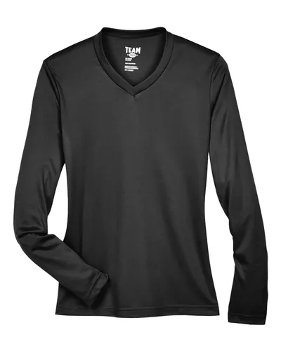 Team 365 TT11WL Women's Zone Performance Long Sleeve T-Shirt in Black — blank long sleeve tee, front view
