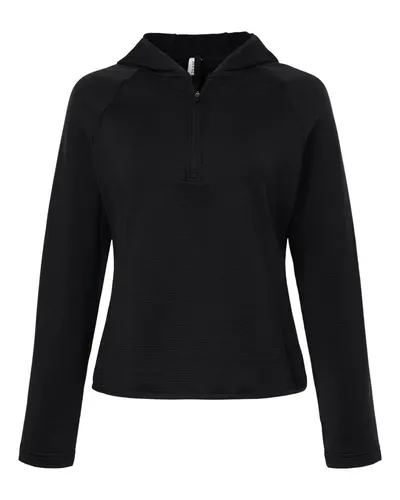 Team 365 TT200W Women's Qualify Quarter-Zip Hooded Pullover in Black — blank hooded sweatshirt, front view