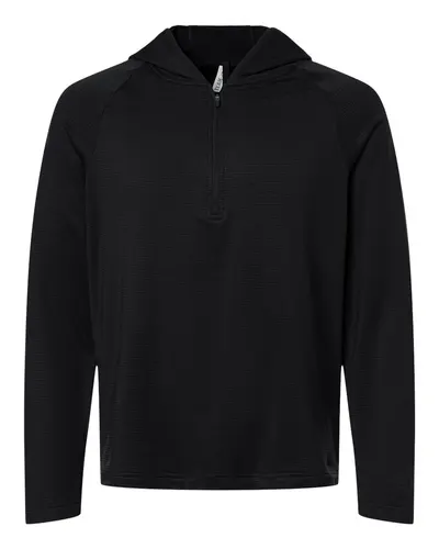Team 365 TT220 Men's Qualify Quarter-Zip Hooded Pullover in Black — blank hooded sweatshirt, front view