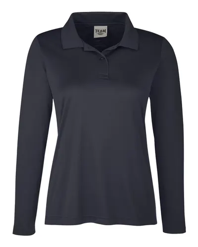 Team 365 TT51LW Women's Zone Performance Long Sleeve Polo in Black — blank polo, front view