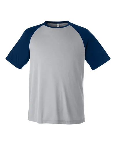 Team 365 TT62 Unisex Zone Colorblock Raglan T-Shirt in Athletic Heather/ Sport Dark Navy — blank t-shirt, front view
