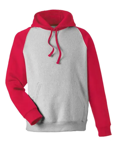 Team 365 TT96CB Unisex Zone HydroSport™ Heavyweight Colorblock Hooded Sweatshirt in Athletic Heather/ Sport Red — blank hooded sweatshirt, front view