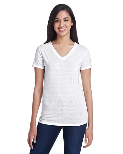Threadfast Apparel 252RV Women's Invisible Stripe V-Neck T-Shirt in White Invisible Stripe — blank t-shirt, front view