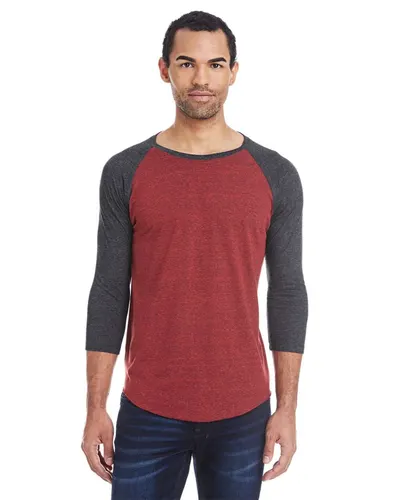 Threadfast Apparel 302G Unisex Triblend Three-Quarter Sleeve Raglan T-Shirt in Cardinal Black/ Black Triblend — blank t-shirt, front view