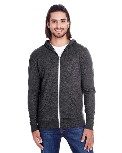 Threadfast Apparel 302Z Unisex Triblend Full-Zip Lightweight Hooded Sweatshirt in Black Triblend — blank hooded sweatshirt, front view