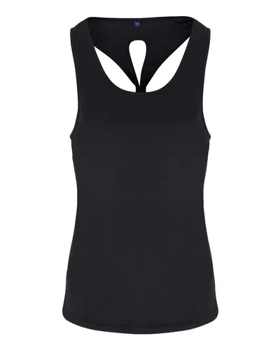 TriDri TD042 Women's Knot Back Venus Tank in Black — blank tank top, front view