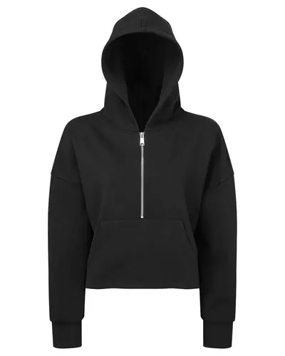 TriDri TD077 Women's Alice Half-Zip Hooded Sweatshirt in Black — blank hooded sweatshirt, front view