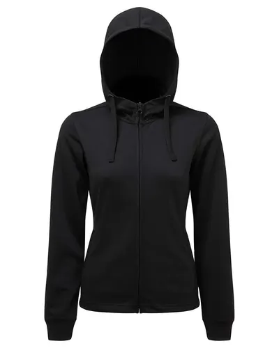TriDri TD498 Women's Spun Dyed Full-Zip Hooded Sweatshirt in Black — blank hooded sweatshirt, front view