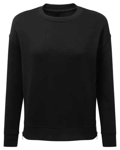 TriDri TD600 Women's Billie Side-Zip Crewneck Sweatshirt in Black — blank crewneck sweatshirt, front view