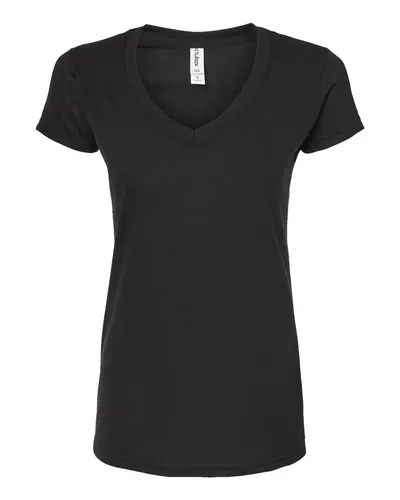 Tultex 244 Women's Poly-Rich V-Neck T-Shirt in Black — blank t-shirt, front view