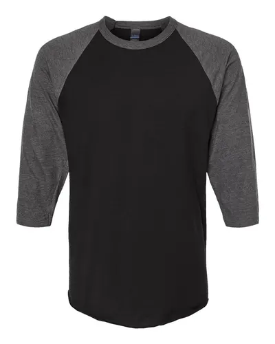 Tultex 245 Unisex Fine Jersey Raglan T-Shirt in Black/ Heather Charcoal — blank t-shirt, front view