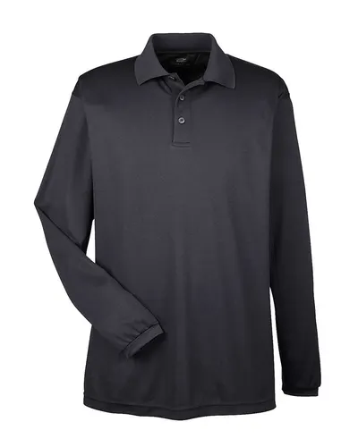 UltraClub 8210LS Men's Cool & Dry Long Sleeve Mesh Piqué Polo in Black — blank polo, front view