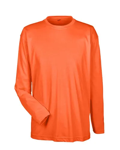 UltraClub 8422 Men's Cool & Dry Sport Long Sleeve Performance Interlock T-Shirt in Bright Orange — blank long sleeve tee, front view