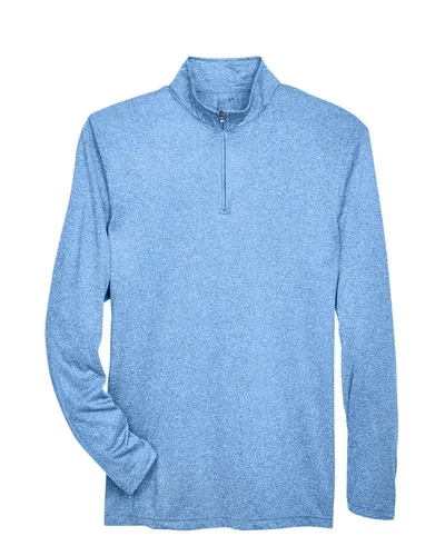 UltraClub 8618 Men's Cool & Dry Heathered Performance Quarter-Zip Pullover in Columbia Blue Heather — blank garment, front view