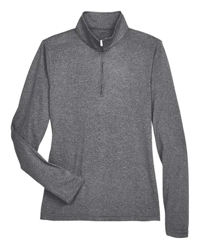 UltraClub 8618W Women's Cool & Dry Heathered Performance Quarter-Zip Pullover in Black Heather — blank garment, front view