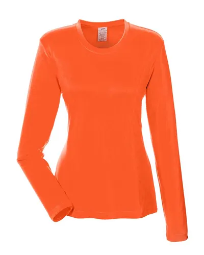 UltraClub 8622W Women's Cool & Dry Performance Long Sleeve Top in Bright Orange — blank garment, front view