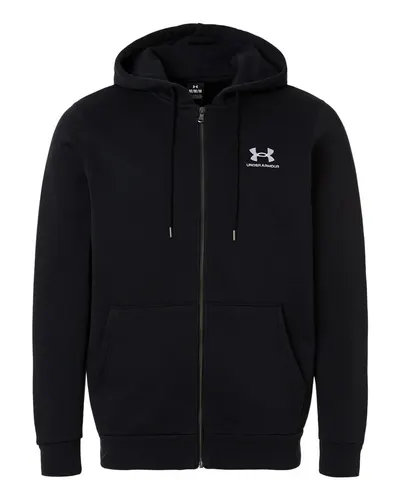 Under Armour 1373881 Men's Icon Fleece Hooded Full-Zip in Black/ White — blank hooded sweatshirt, front view