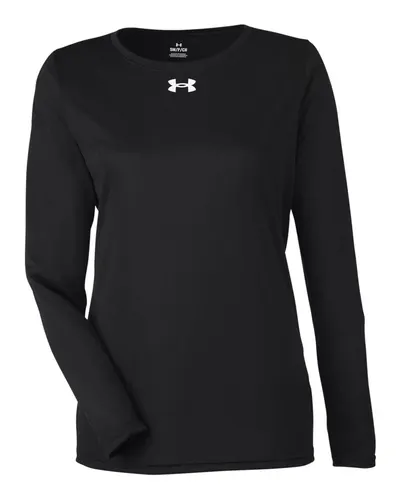 Under Armour 1376852 Women's Team Tech™ Long Sleeve T-Shirt in Black/ White — blank long sleeve tee, front view