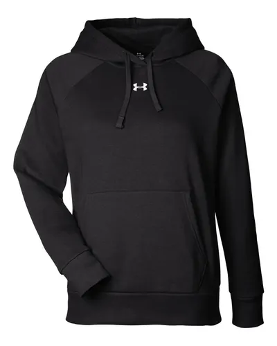 Under Armour 1379500 Women's Rival Fleece Hooded Sweatshirt in Black/ White — blank hooded sweatshirt, front view