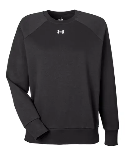Under Armour 1379508 Women's Rival Fleece Crewneck Sweatshirt in Black/ White — blank crewneck sweatshirt, front view