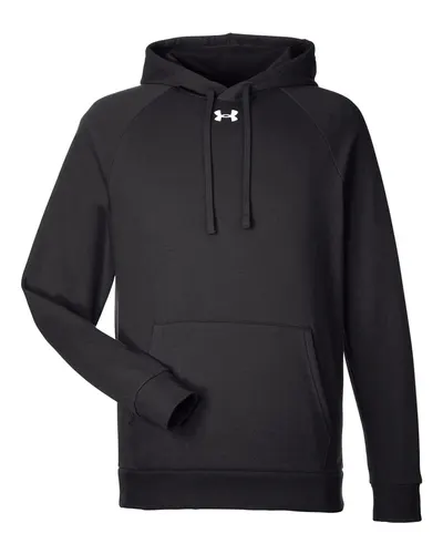 Under Armour 1379757 Men's Rival Fleece Hooded Sweatshirt in Black/ White — blank hooded sweatshirt, front view