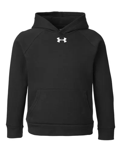 Under Armour 1379792 Youth Rival Fleece Hooded Sweatshirt in Black/ White — blank hooded sweatshirt, front view