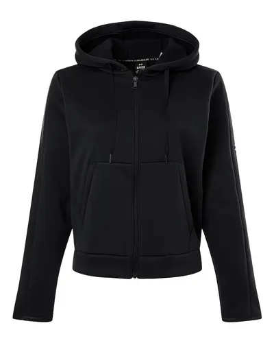 Under Armour 6010941 Women's Armour Fleece Pro Hooded Full-Zip in Black/ White — blank hooded sweatshirt, front view