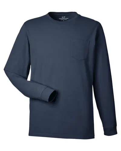 vineyard vines V021214 Unisex Long Sleeve Pocket T-Shirt in Blue Blazer/ White Cap — blank long sleeve tee, front view