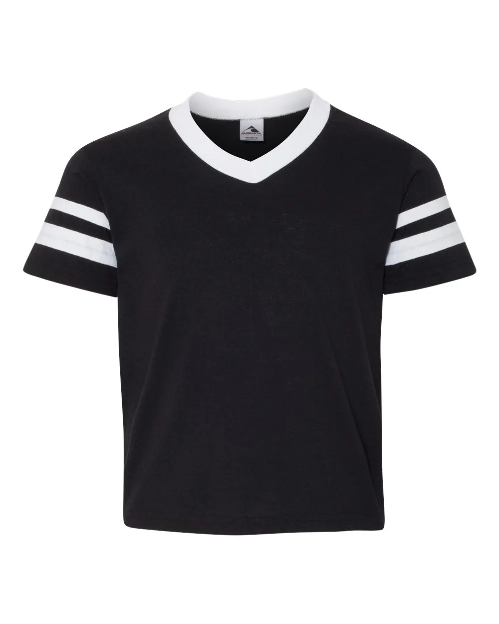 Augusta Sportswear 361 Youth V-Neck Jersey with Striped Sleeves — blank t-shirt, front view