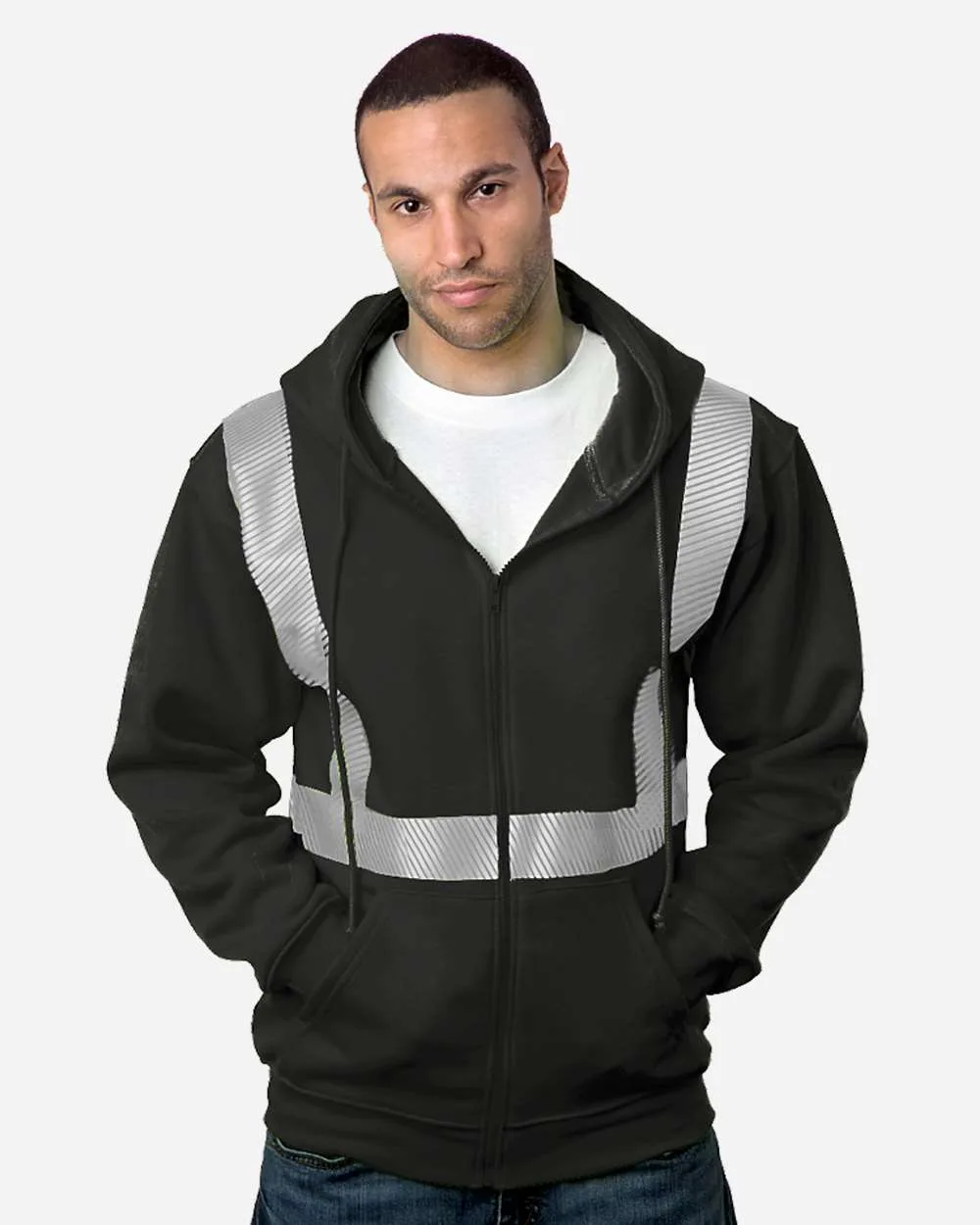 Bayside 3737 USA-Made Hi-Visibility Full-Zip Hooded Sweatshirt - Segmented Tape — blank hooded sweatshirt, front view