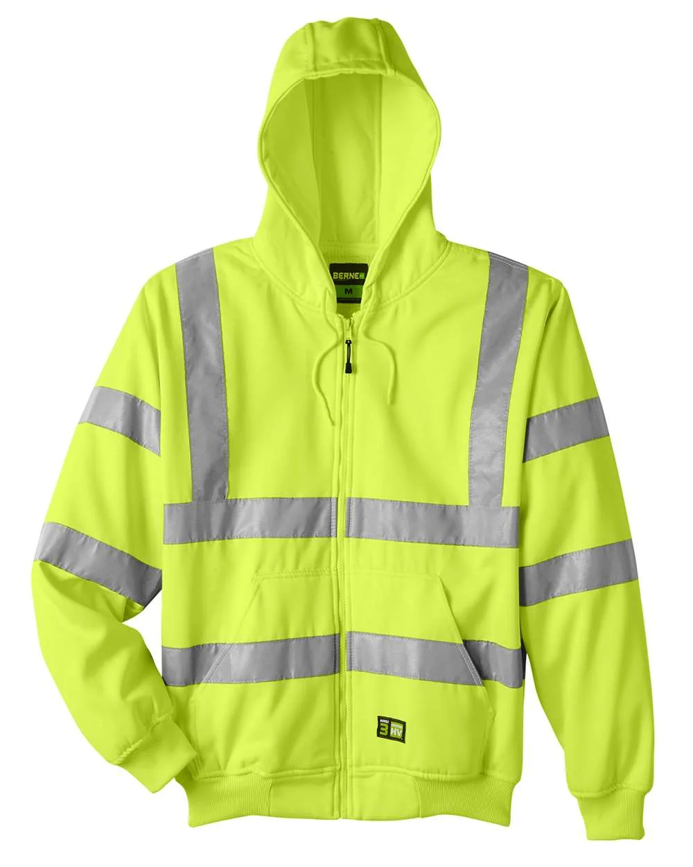 Berne Apparel HVF021T Men's Tall Hi-Vis Class 3 Lined Full-Zip Hooded Sweatshirt — blank hooded sweatshirt, front view